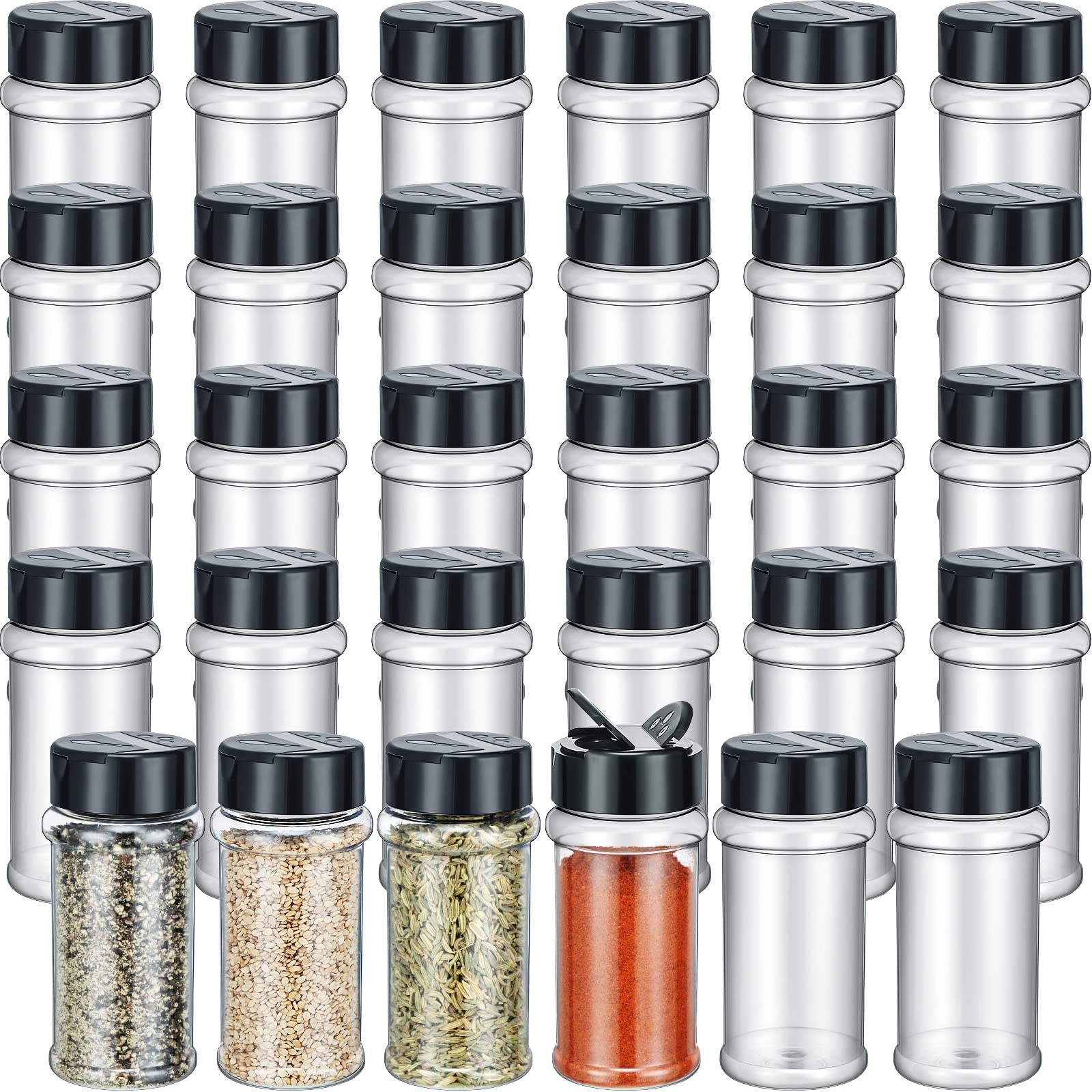 Jadive clear plastic spice jar with shaker lid for quick seasoning access.