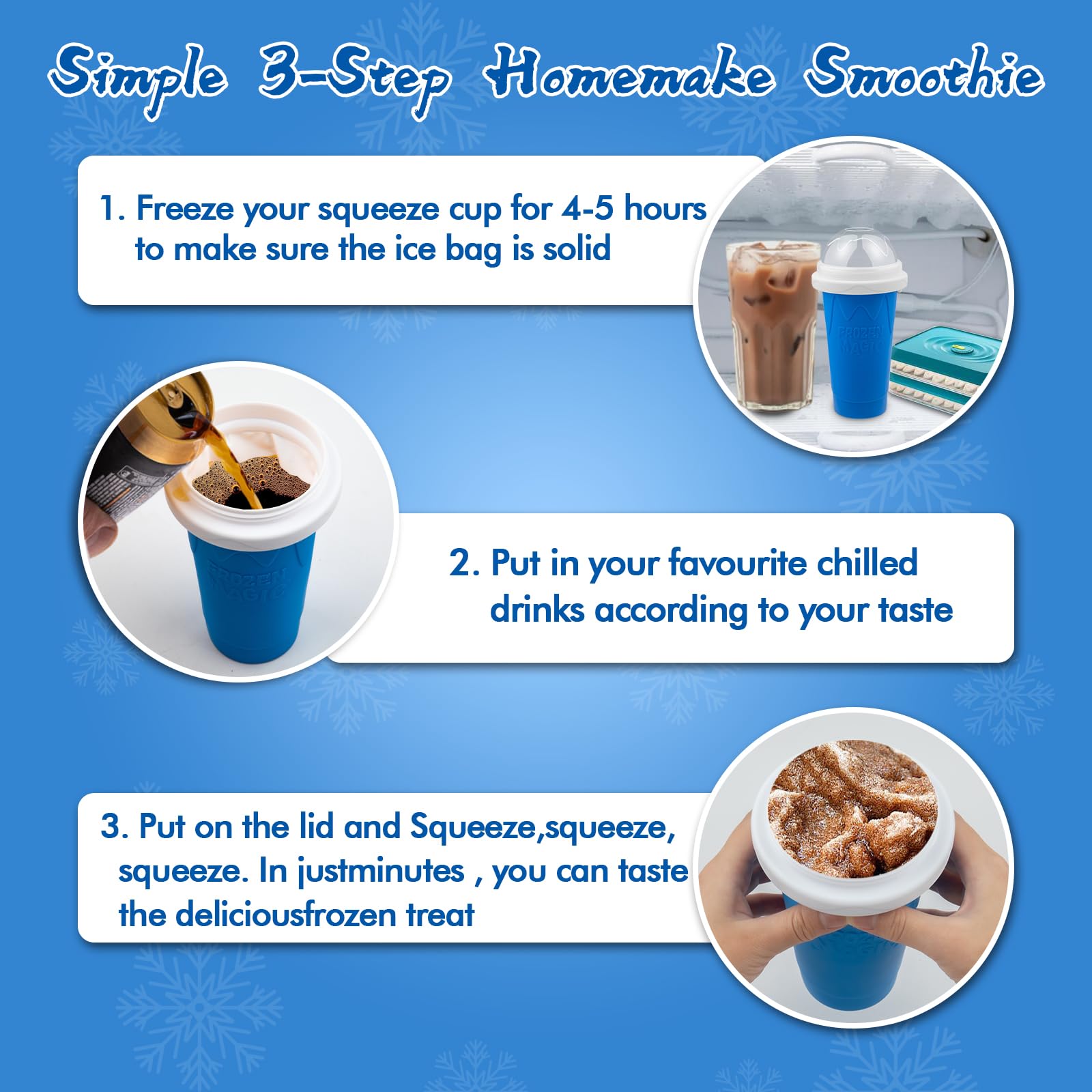 Jairuty Slushie Cup frozen for 4–6 hours to ready-to-sip slushies.