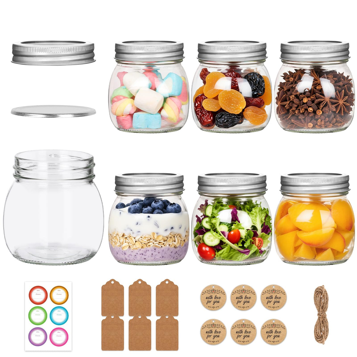 Jaisie.W 8oz mason jar with silver lids and bands for airtight storage.