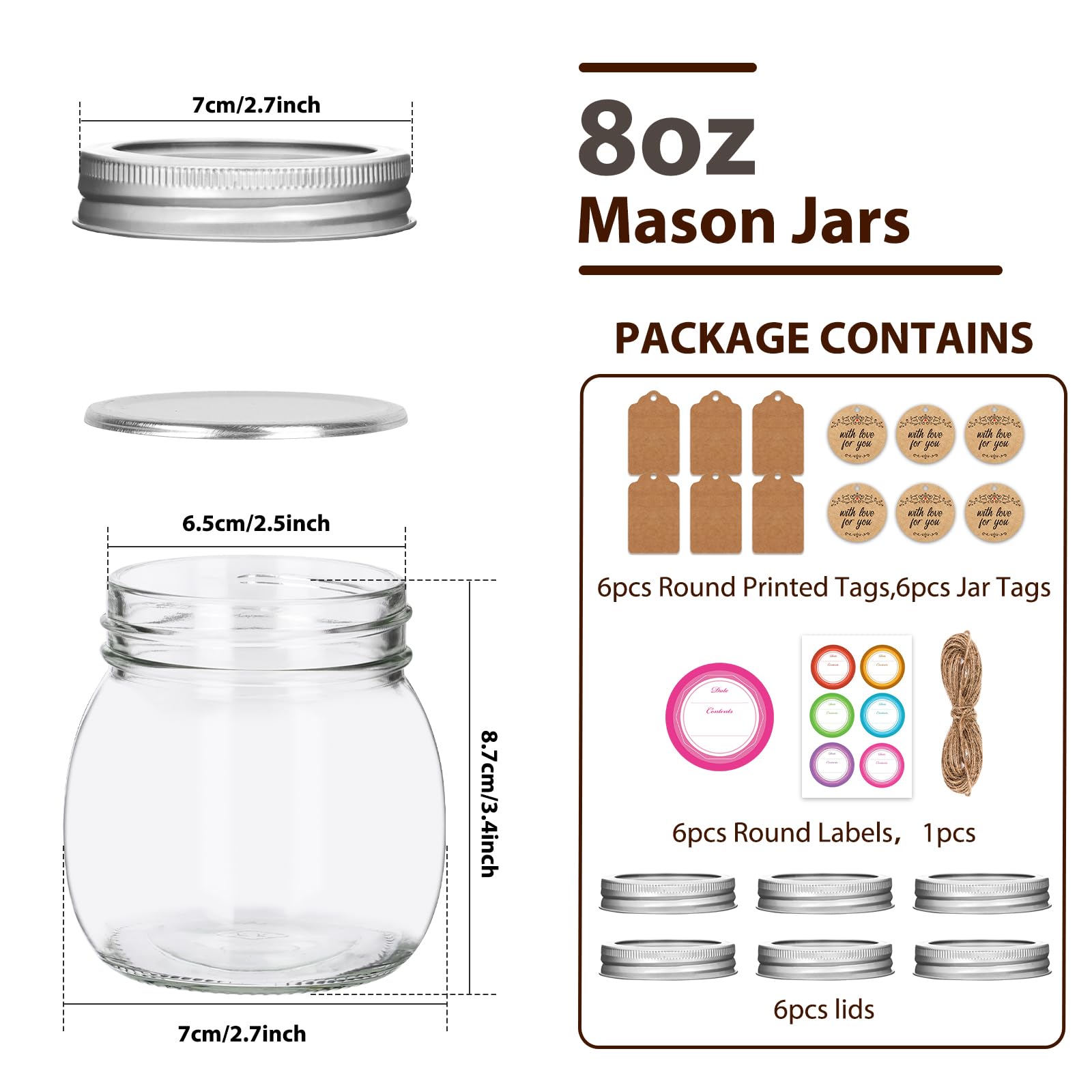 Jaisie.W 8oz mason jar with stickers and tags for easy labeling and organization.