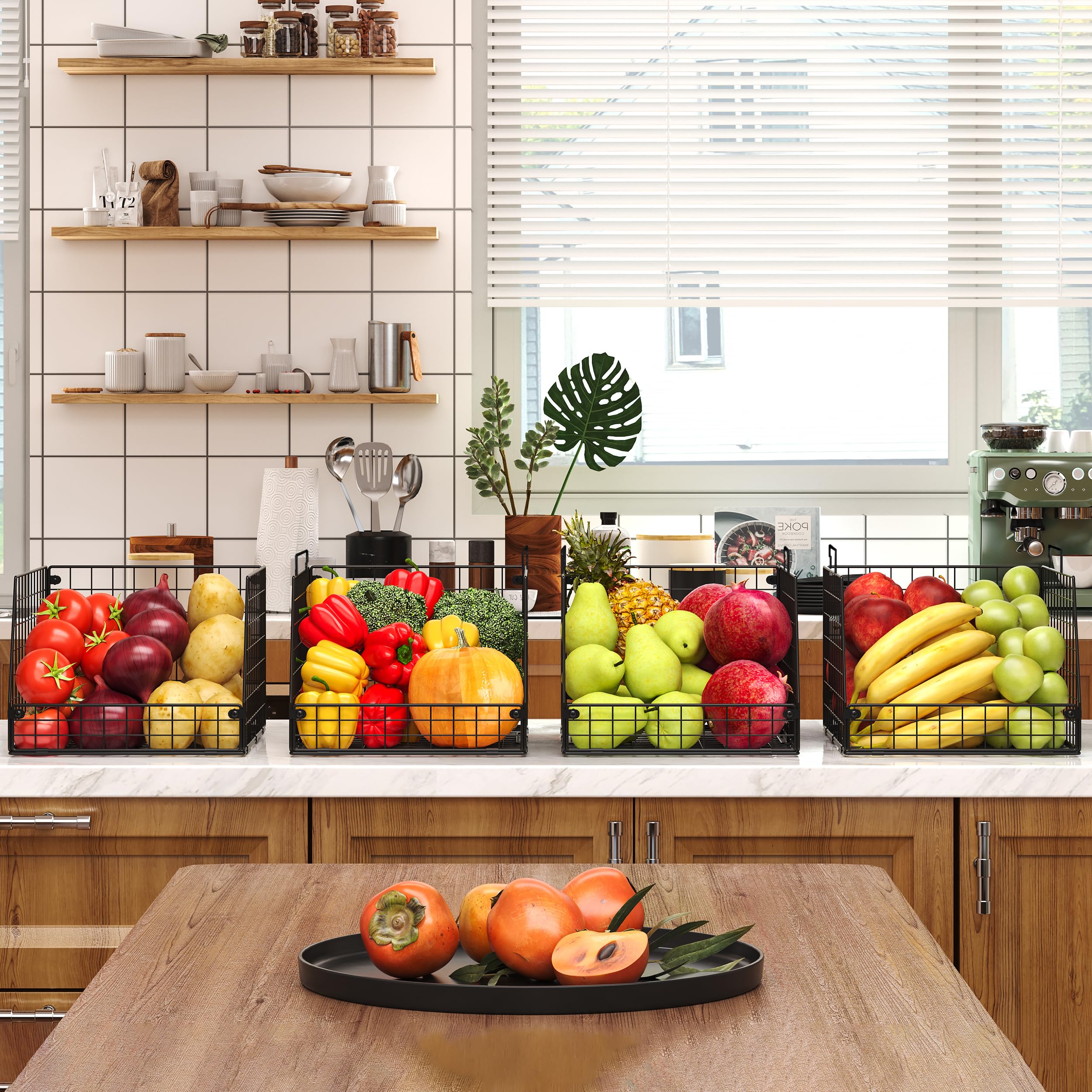 Jakyitvi 4-pack stackable wire basket in kitchen for vegetables and drinks.