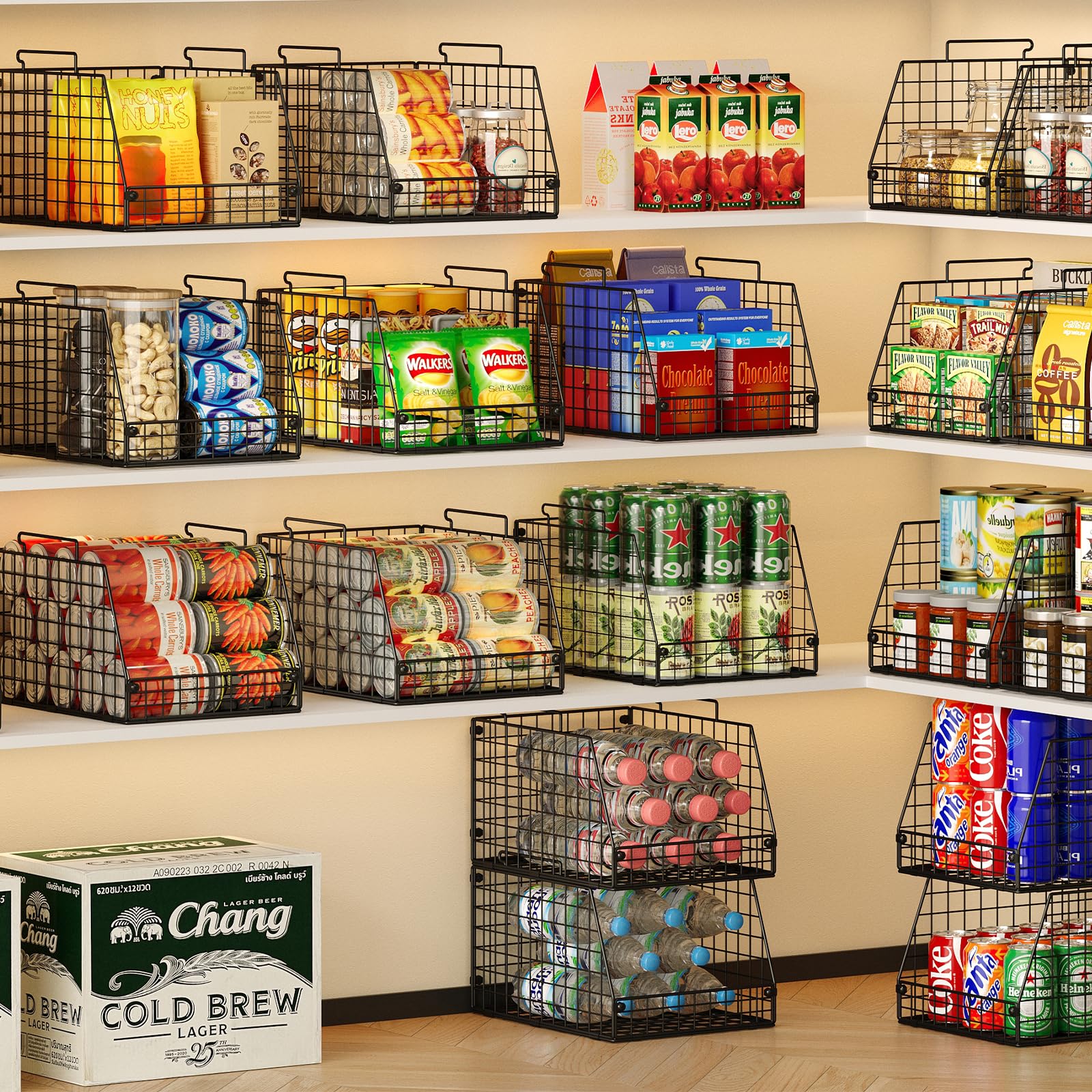 Jakyitvi 4-pack stackable wire basket side view helps organize pantry space.
