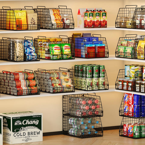 Jakyitvi 4-pack stackable wire basket side view helps organize pantry space.