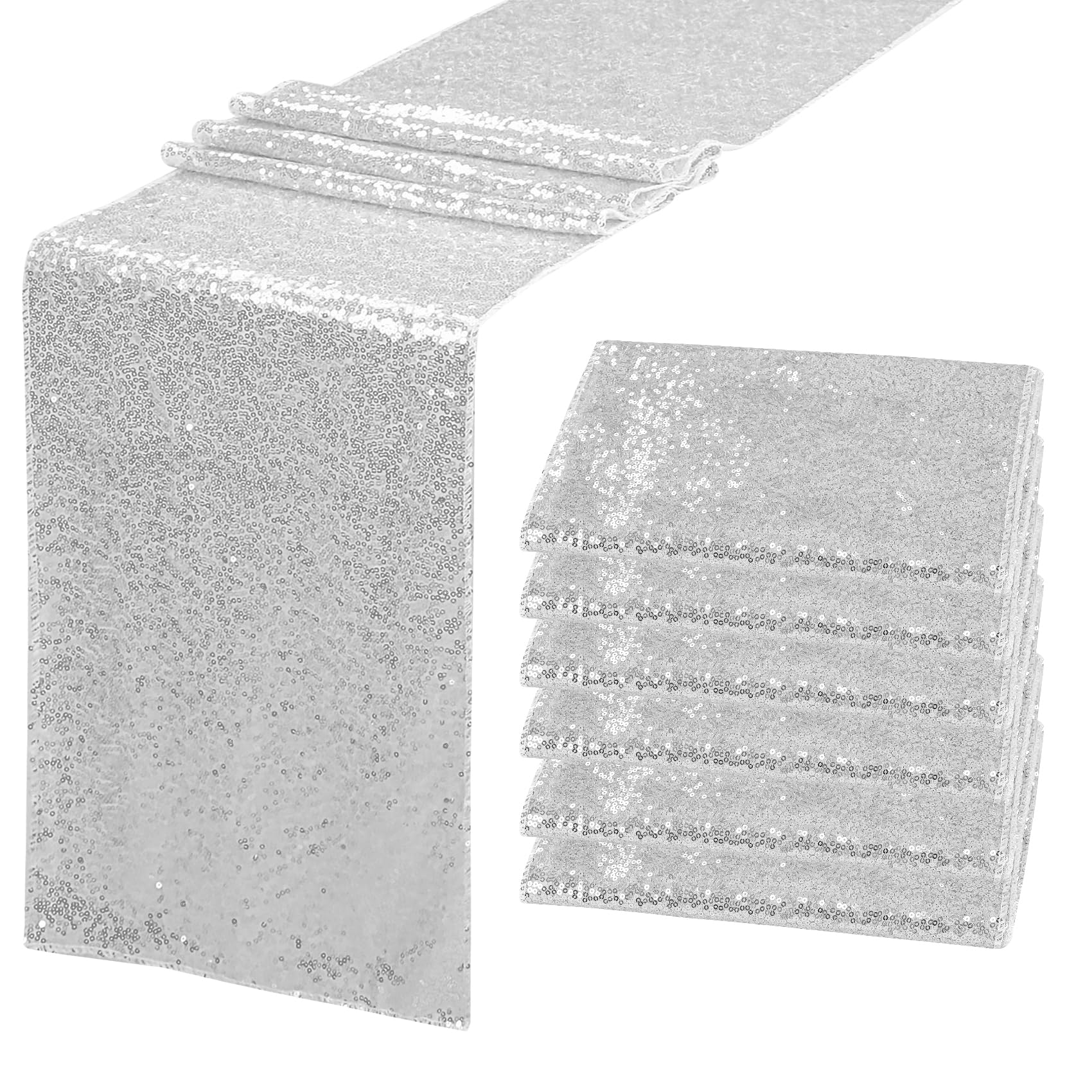 JALANCY silver sequin table runner 12x72 on a table for wedding decor