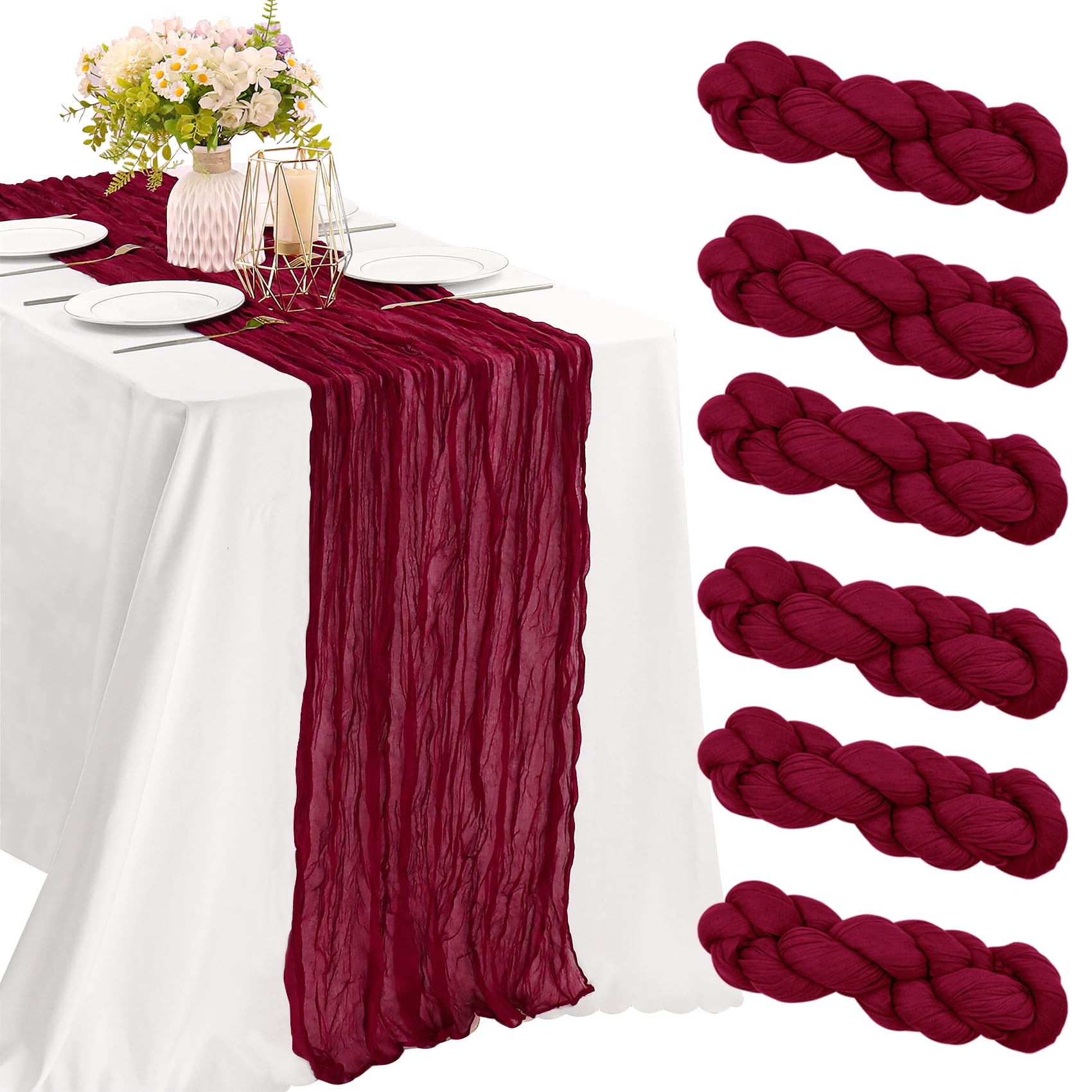 JALANCY Burgundy cheesecloth table runner close-up, soft crinkled texture ideal for rustic wedding tables.