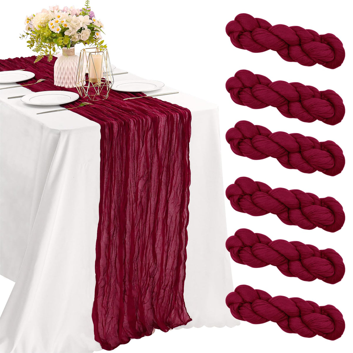 JALANCY Burgundy cheesecloth table runner close-up, soft crinkled texture ideal for rustic wedding tables.