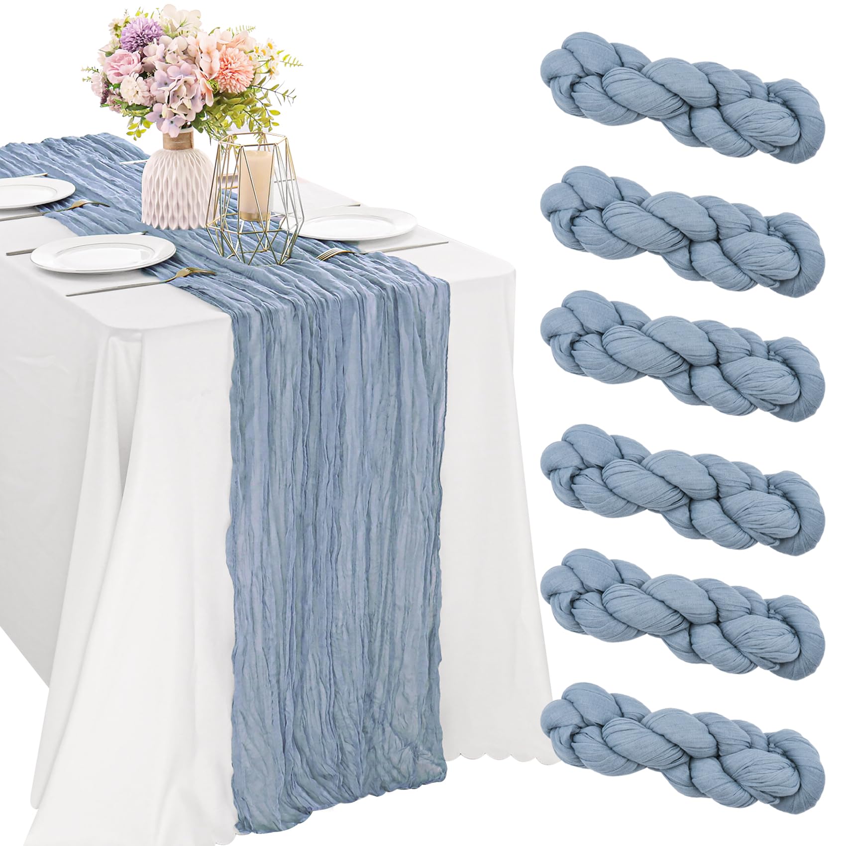 JALANCY dusty blue cheesecloth table runner draped on a rustic wedding table for warm ambiance