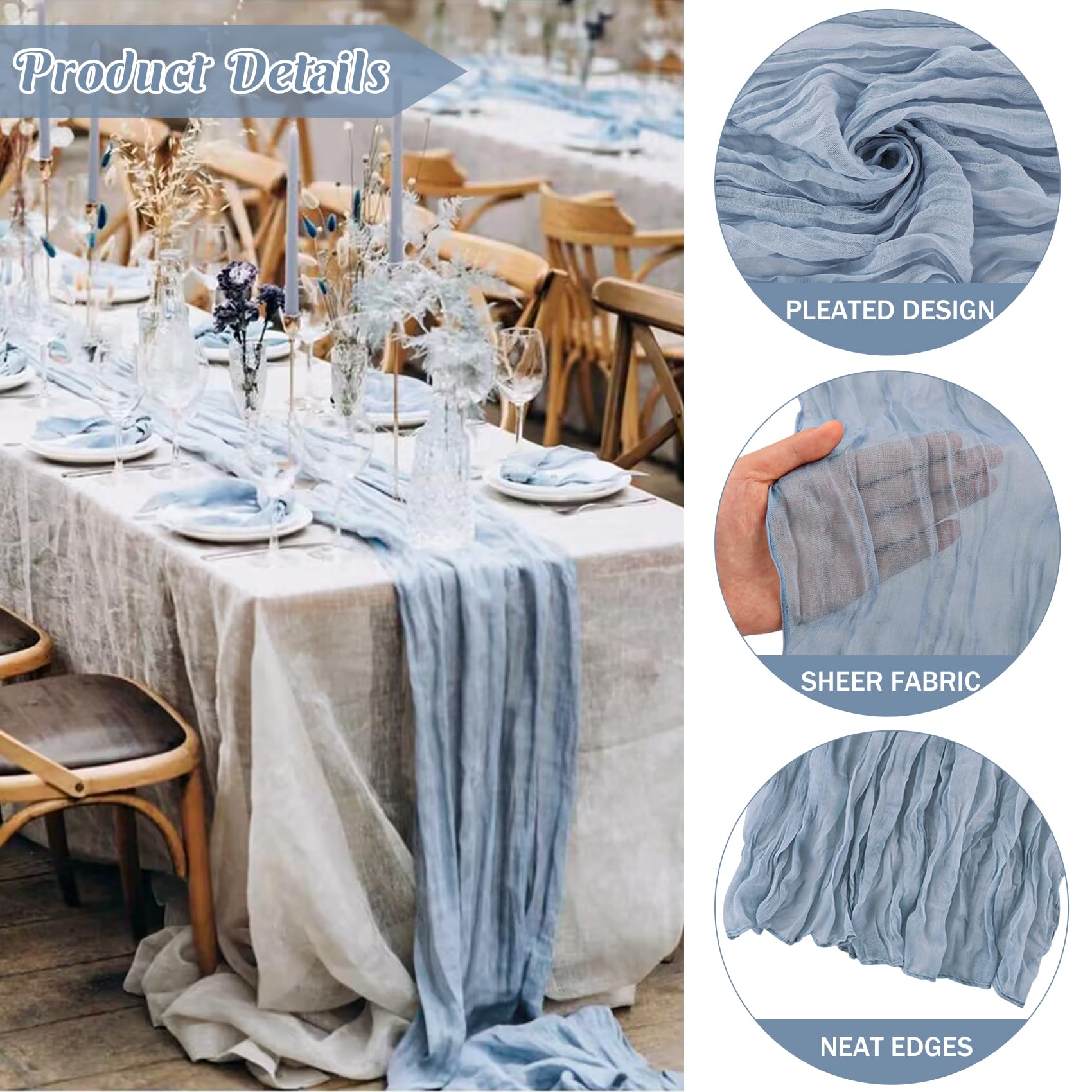 JALANCY dusty blue cheesecloth runner laid over a long banquet table for elegant decor