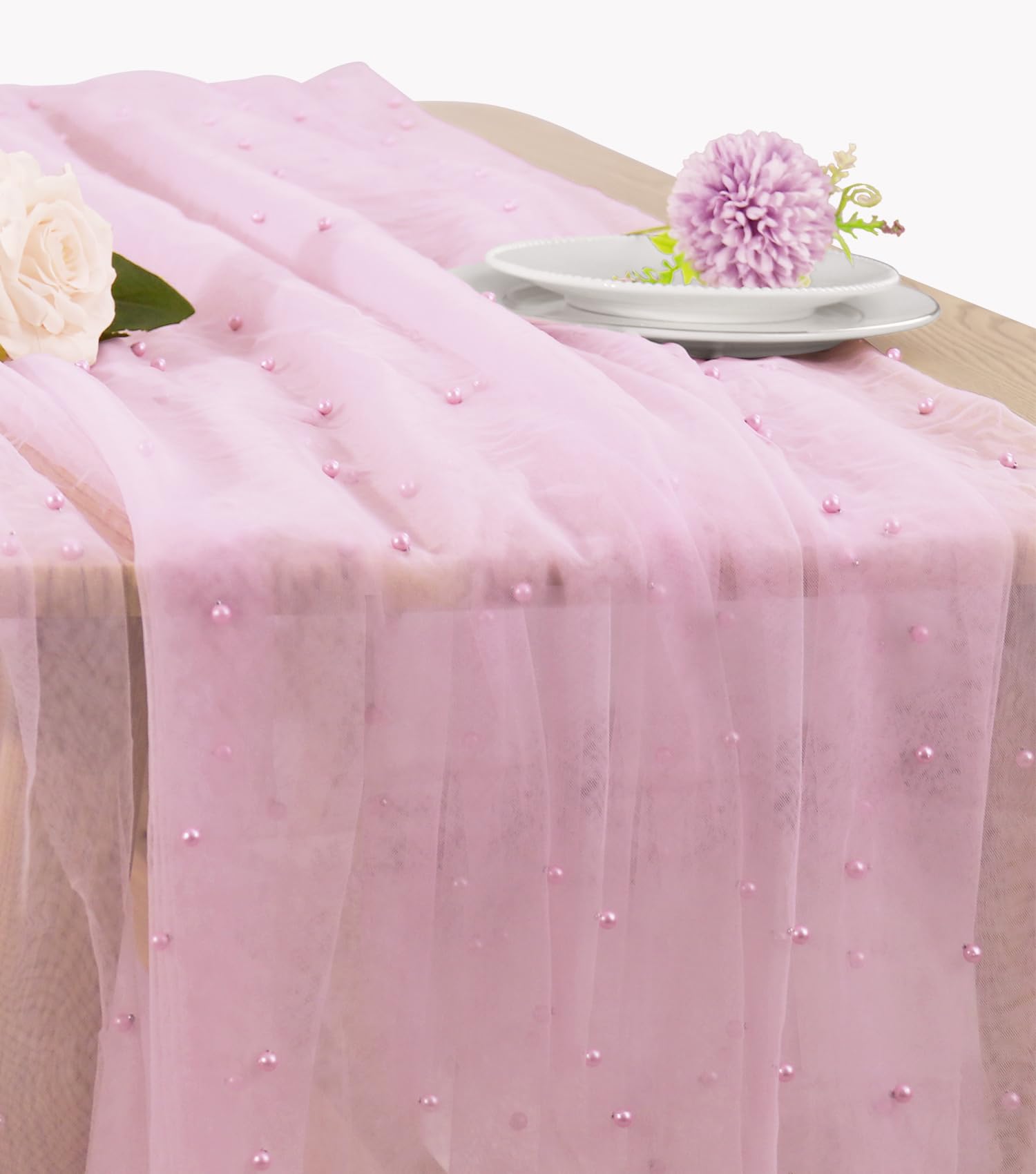 JALANCY pearl table runner in pink tulle with pearls for elegant weddings