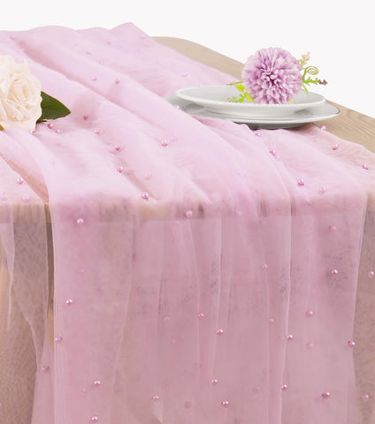 JALANCY pearl table runner in pink tulle with pearls for elegant weddings