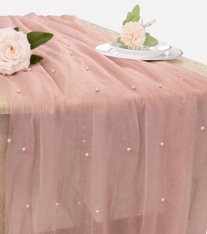 JALANCY pearl tulle table runner in dusty pink adds elegant backdrop for weddings