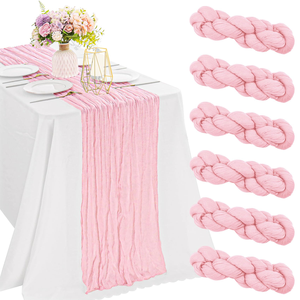 JALANCY pink cheesecloth table runner front view highlights soft texture for romantic weddings.