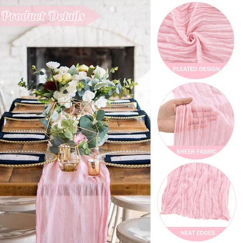 JALANCY pink gauze table runner draping setup enhances backdrop ambiance for celebrations.
