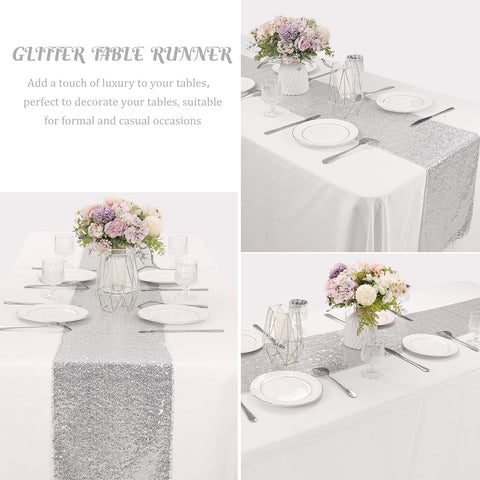 JALANCY silver sequin runner draped on table for wedding reception