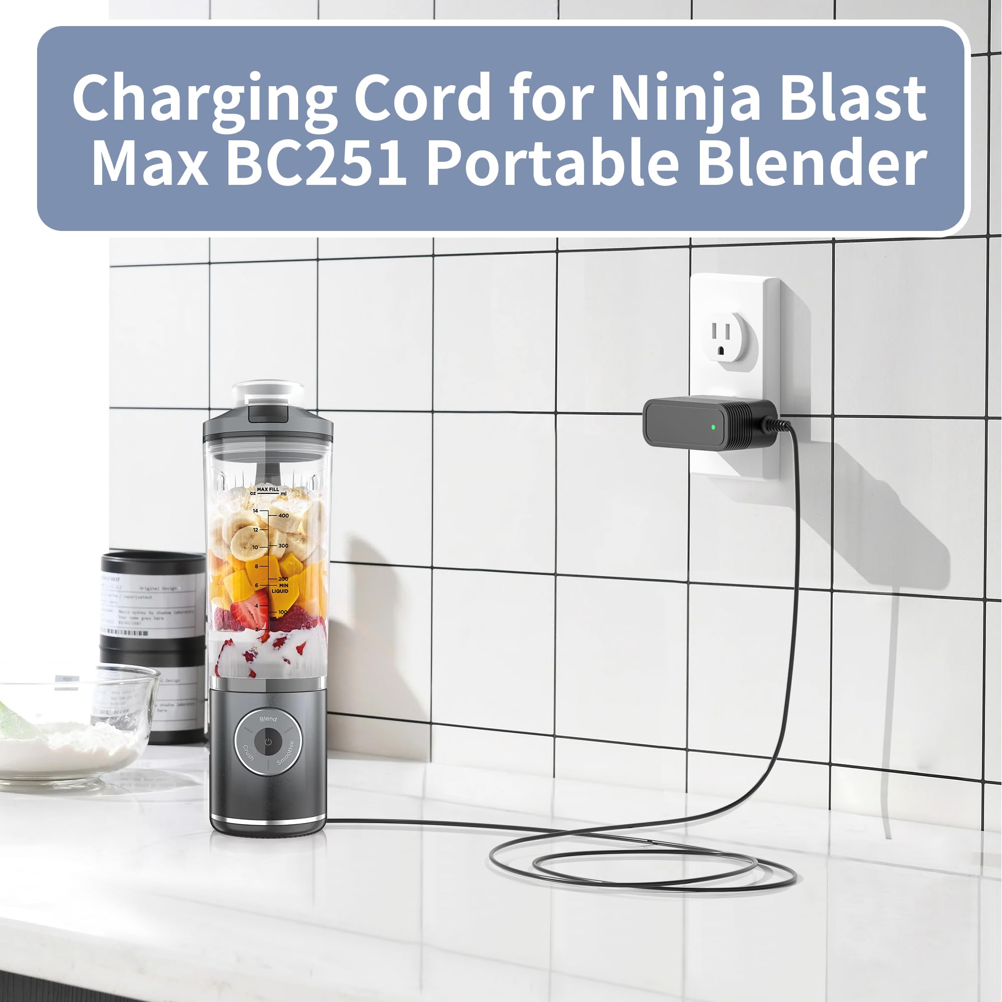 1.8m cable length highlights practical reach between outlet and blender.