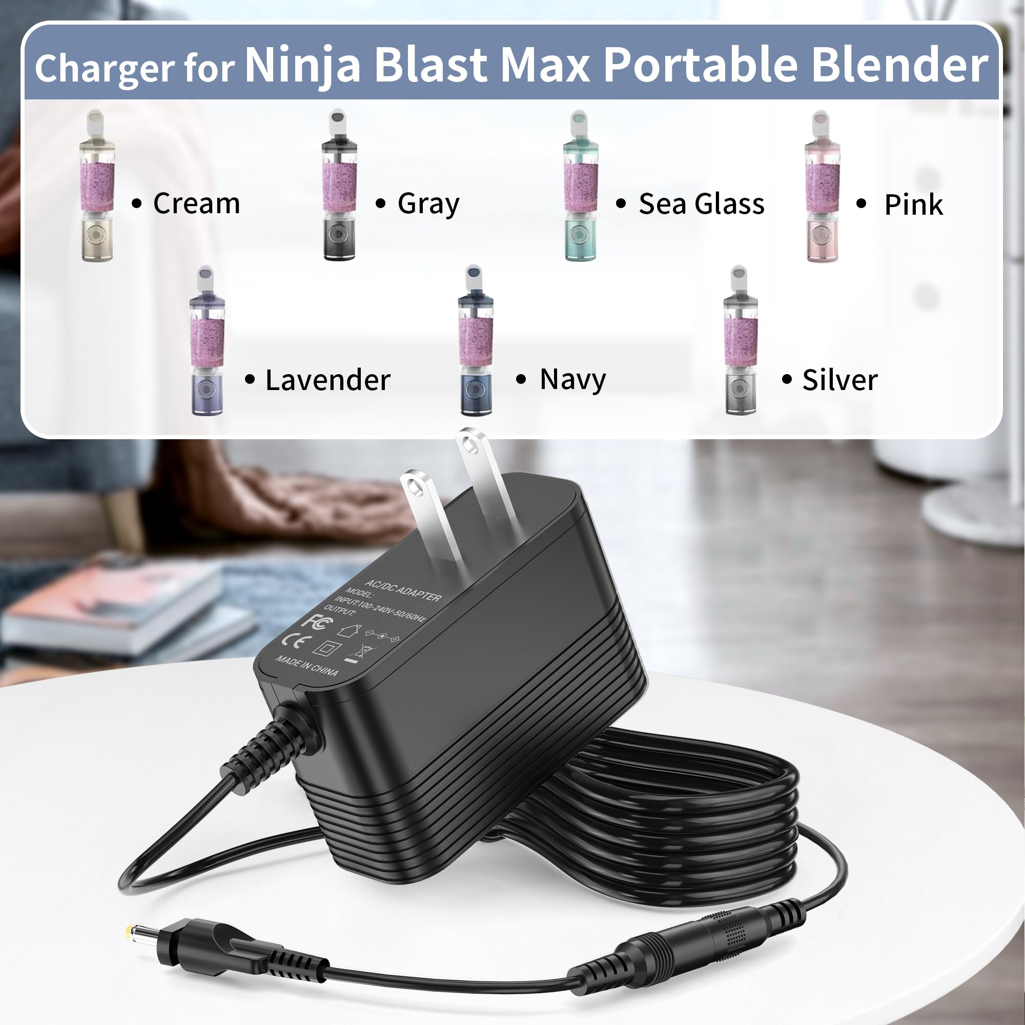 JALOSOFO charger shows worldwide 100-240V compatibility for Ninja Blast Max.