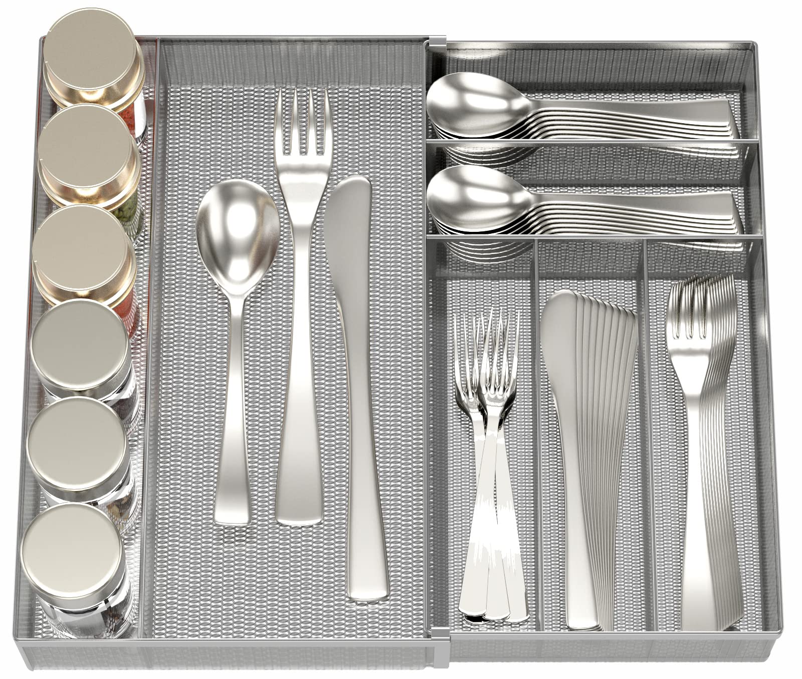 JANE EYRE Utensil Drawer Organizer expandable tray in silver keeps utensils neatly sorted.