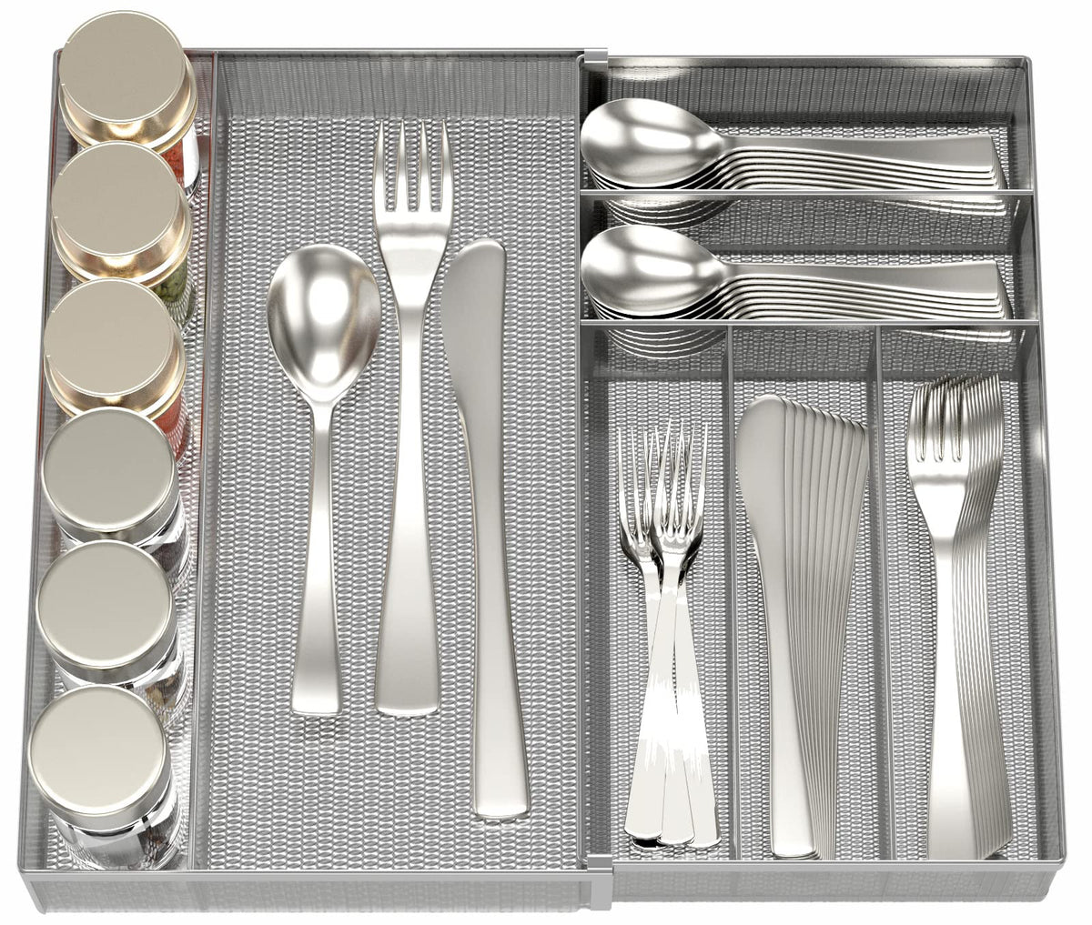 JANE EYRE Utensil Drawer Organizer expandable tray in silver keeps utensils neatly sorted.