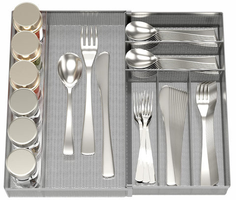 JANE EYRE Utensil Drawer Organizer expandable tray in silver keeps utensils neatly sorted.