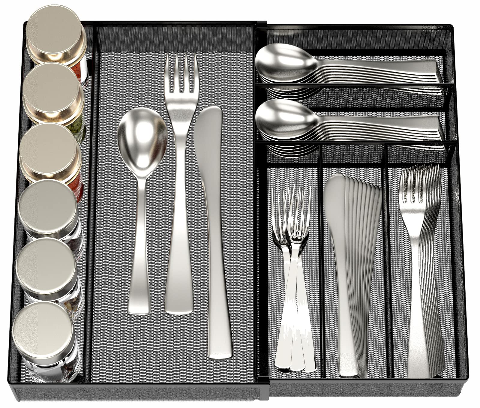 JANE EYRE expandable utensil drawer organizer keeps cutlery neatly in adjustable compartments.