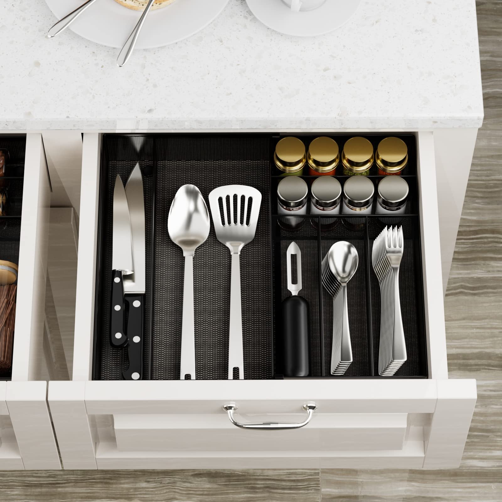 JANE EYRE silver epoxy-coated design resists rust for long-lasting kitchen organization.