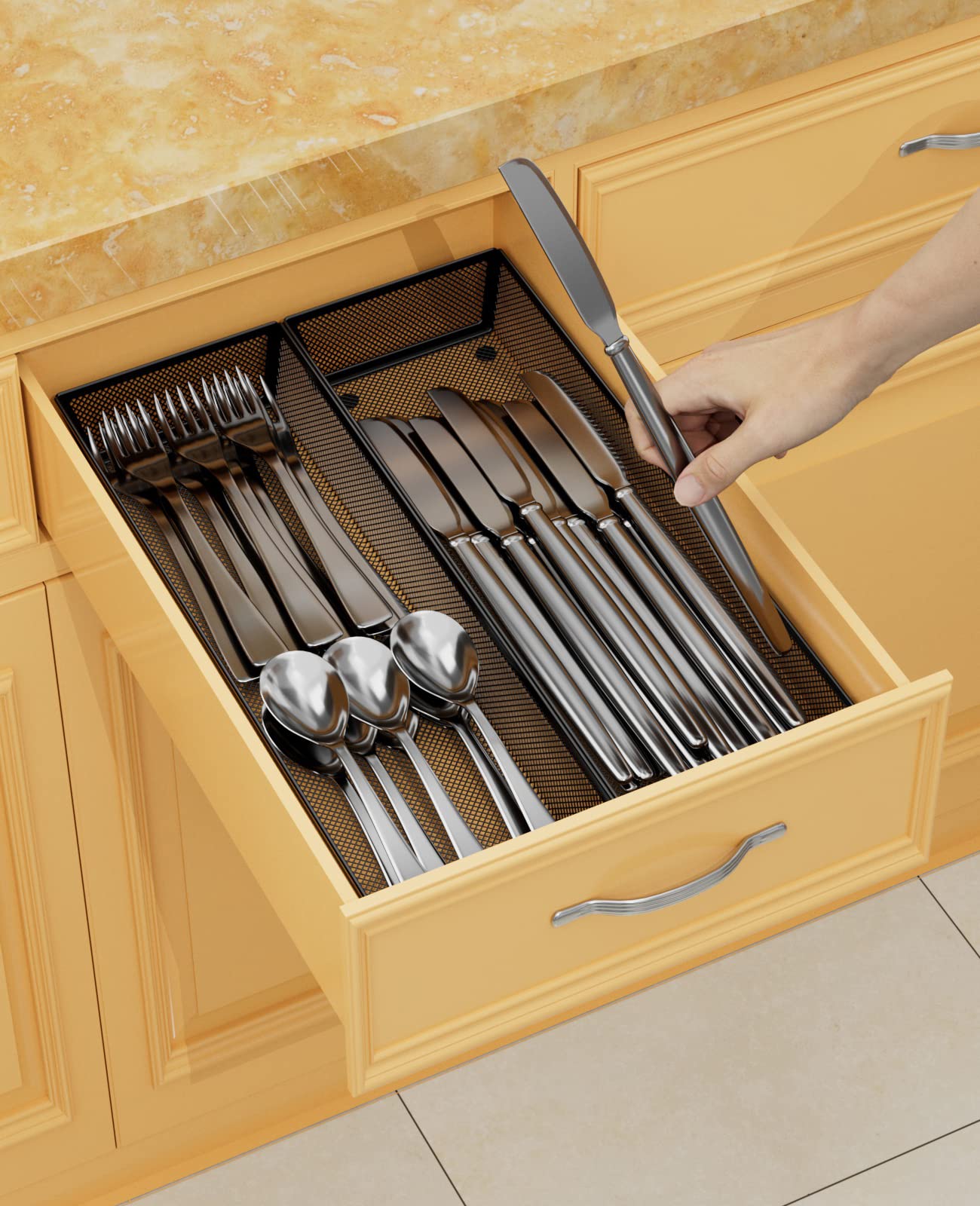 Jane Eyre utensil organizer in-drawer view highlights compact silverware compartments.
