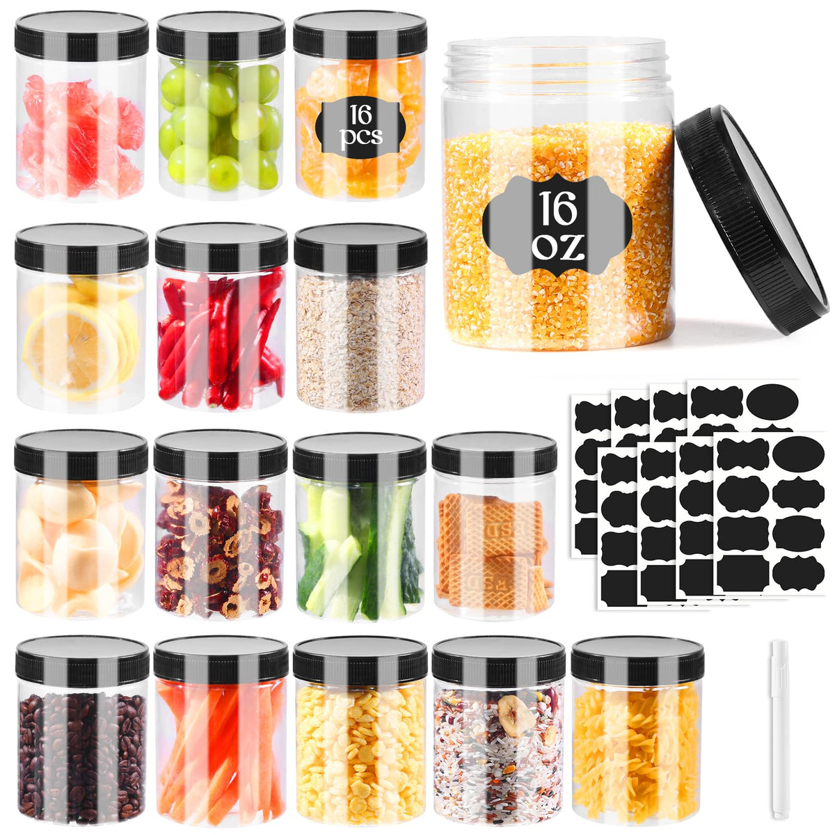 Janisfirst 16oz clear plastic jar with black lid provides airtight storage for coffee, nuts, or honey.