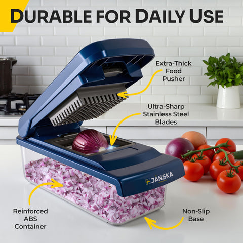 JANSKA UltraChop built-in container catches chopped ingredients for mess-free prep