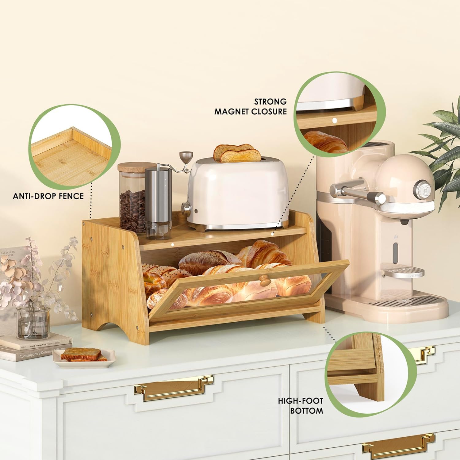 JANSNIMEN bread box with magnetic latch for smooth closure