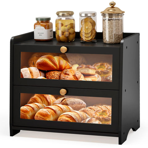 JANSNIMEN bamboo bread box with double layer and window for fresh bread visibility