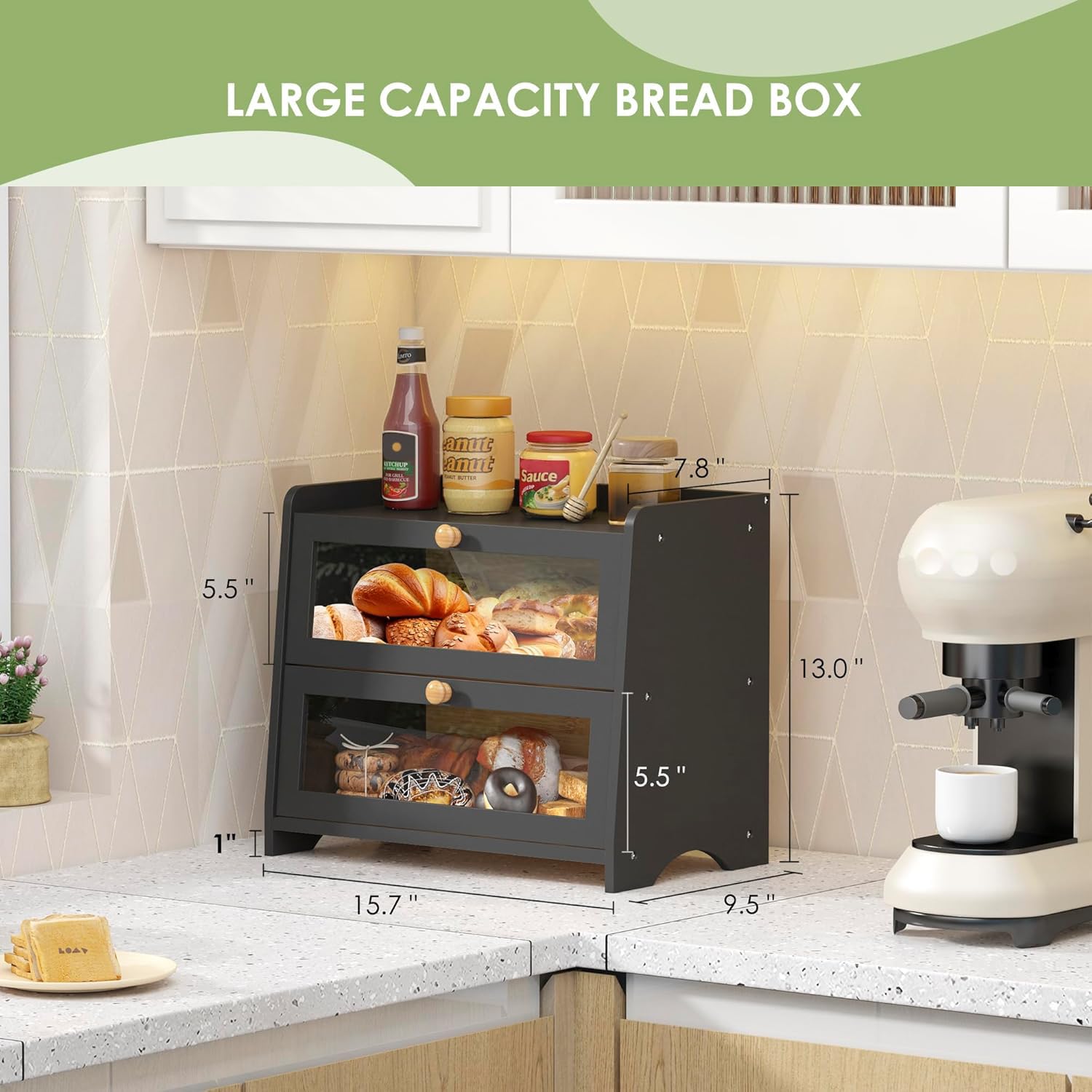 JANSNIMEN bamboo bread box showing flat top fence design for extra countertop space