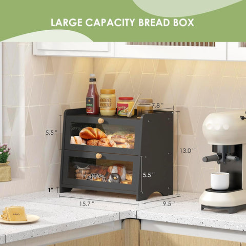 JANSNIMEN bamboo bread box showing flat top fence design for extra countertop space