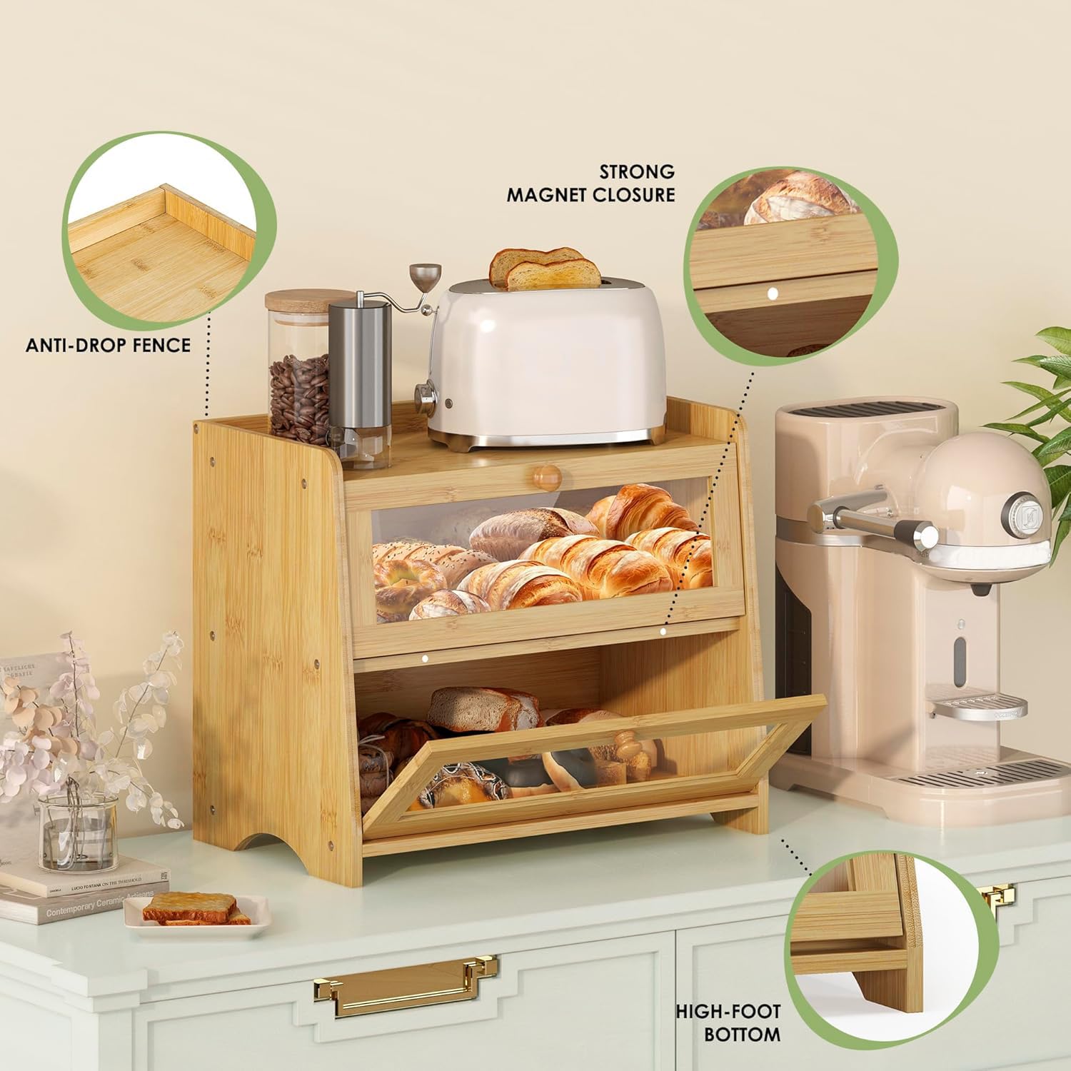 JANSNIMEN double layer bread box flat top adds extra storage space