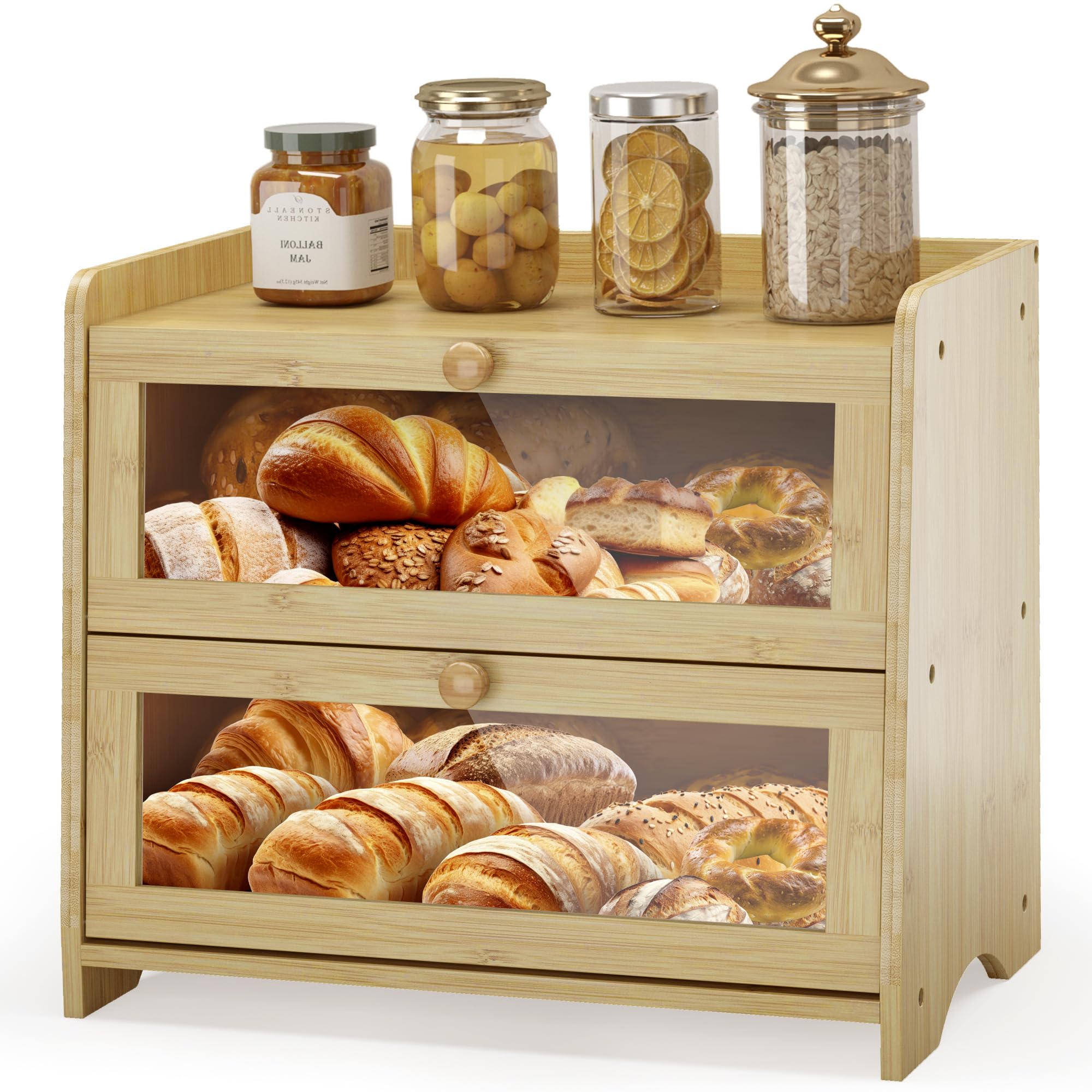 JANSNIMEN bamboo bread box with front view keeps bread organized and visible