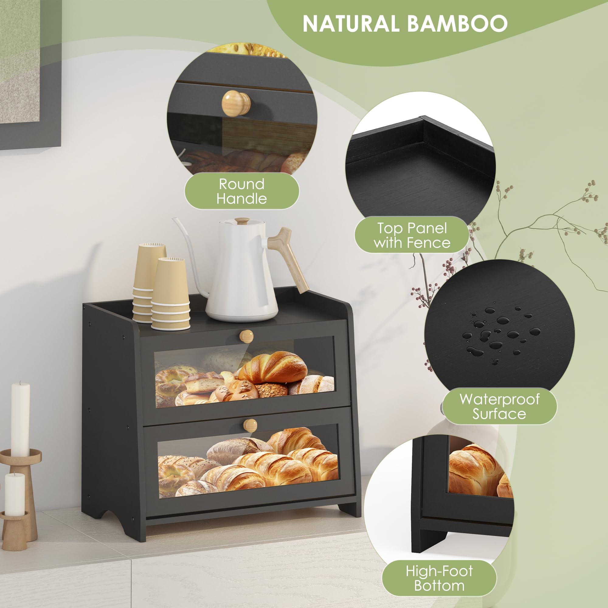 JANSNIMEN bamboo bread box with magnetic latch for smooth secure access