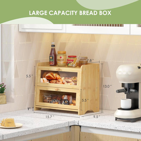 JANSNIMEN bamboo bread box with window view shows interior and freshness at a glance