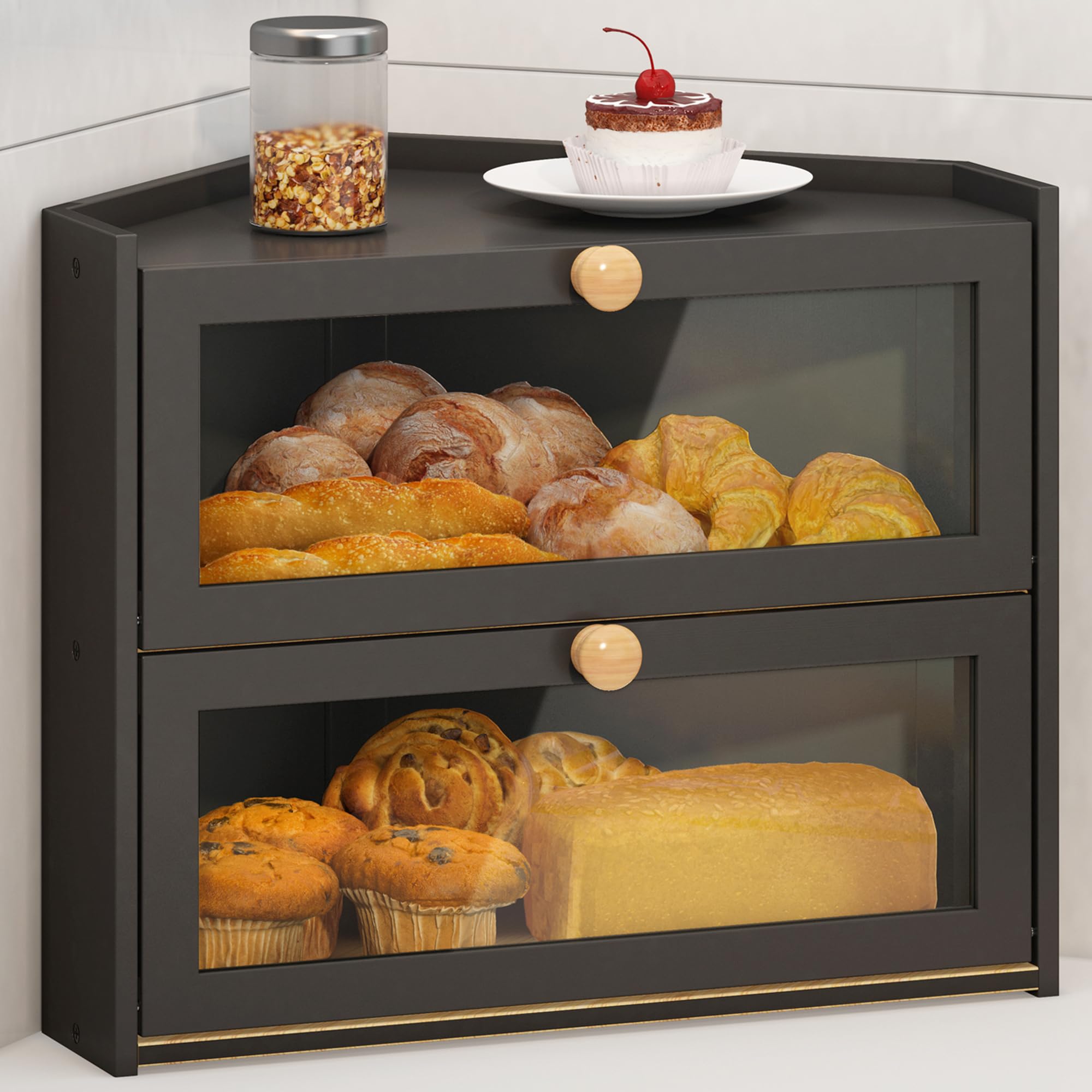 JANSNIMEN black corner bread box front view on a counter