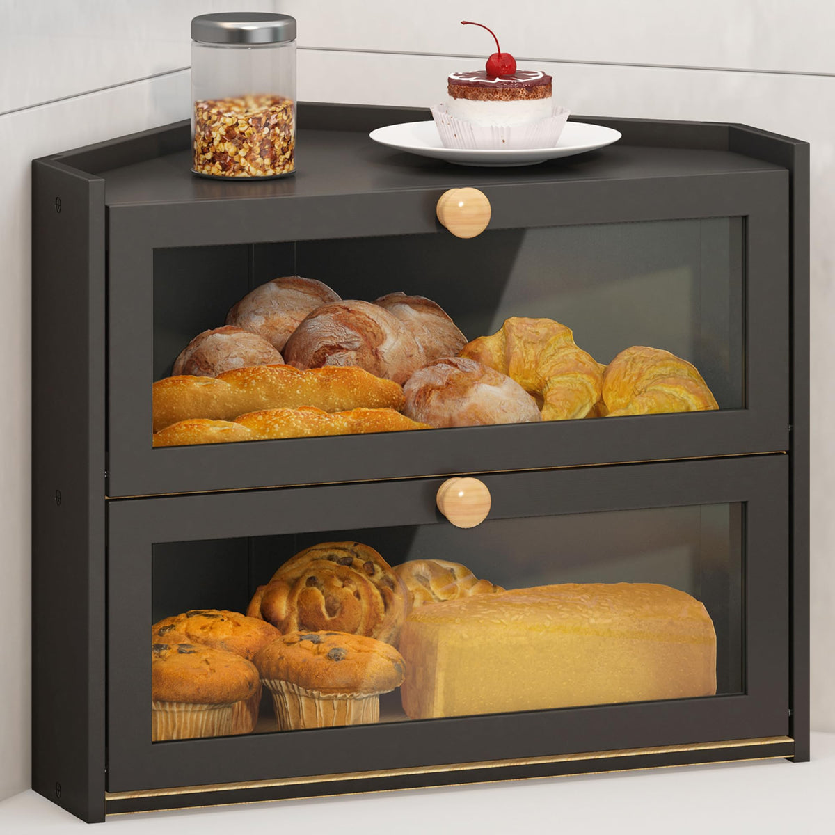 JANSNIMEN black corner bread box front view on a counter