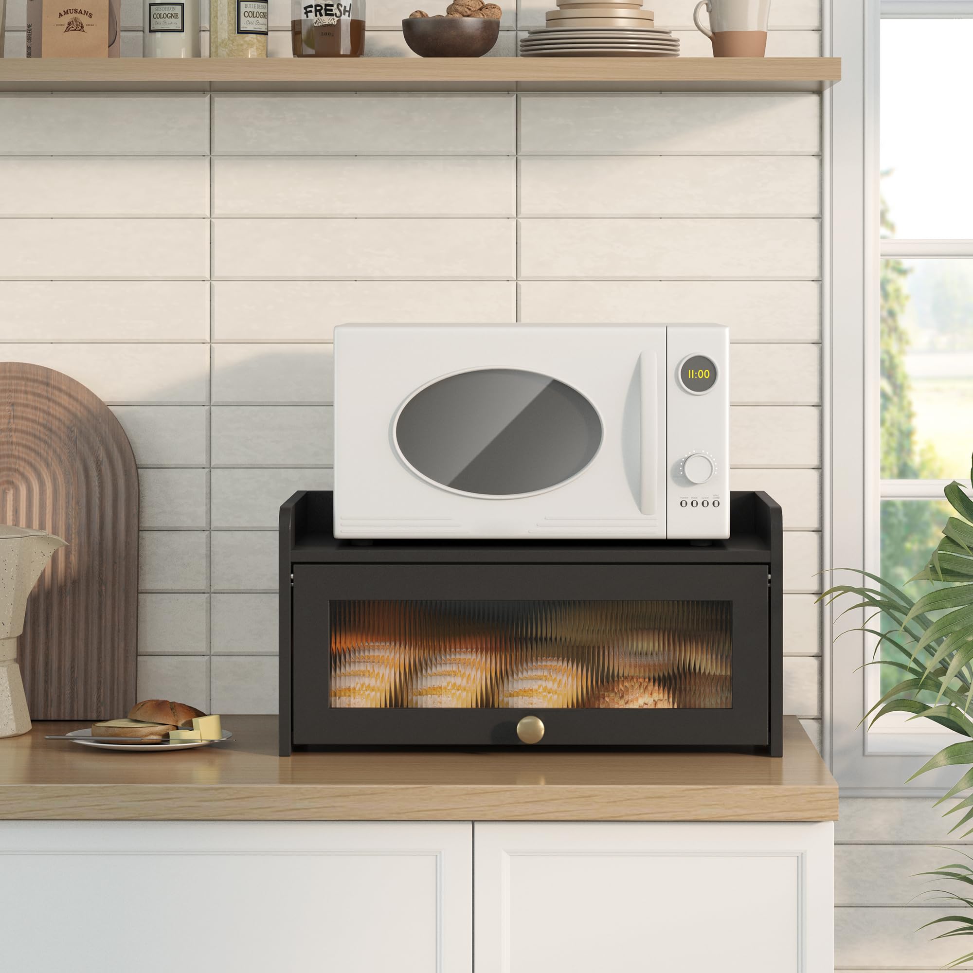 Flat top shelf doubles as prep space while keeping items neatly organized.