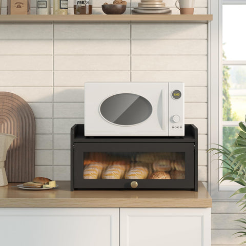 Flat top shelf doubles as prep space while keeping items neatly organized.