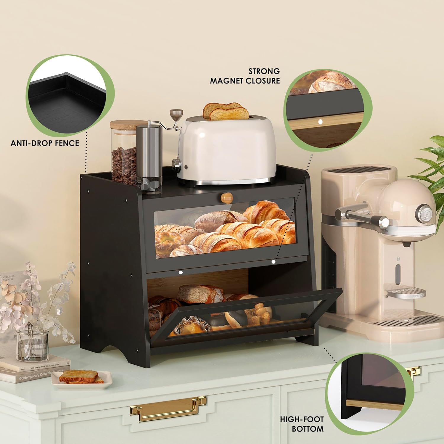JANSNIMEN large capacity bread box stores bread, fruits, and kitchen essentials