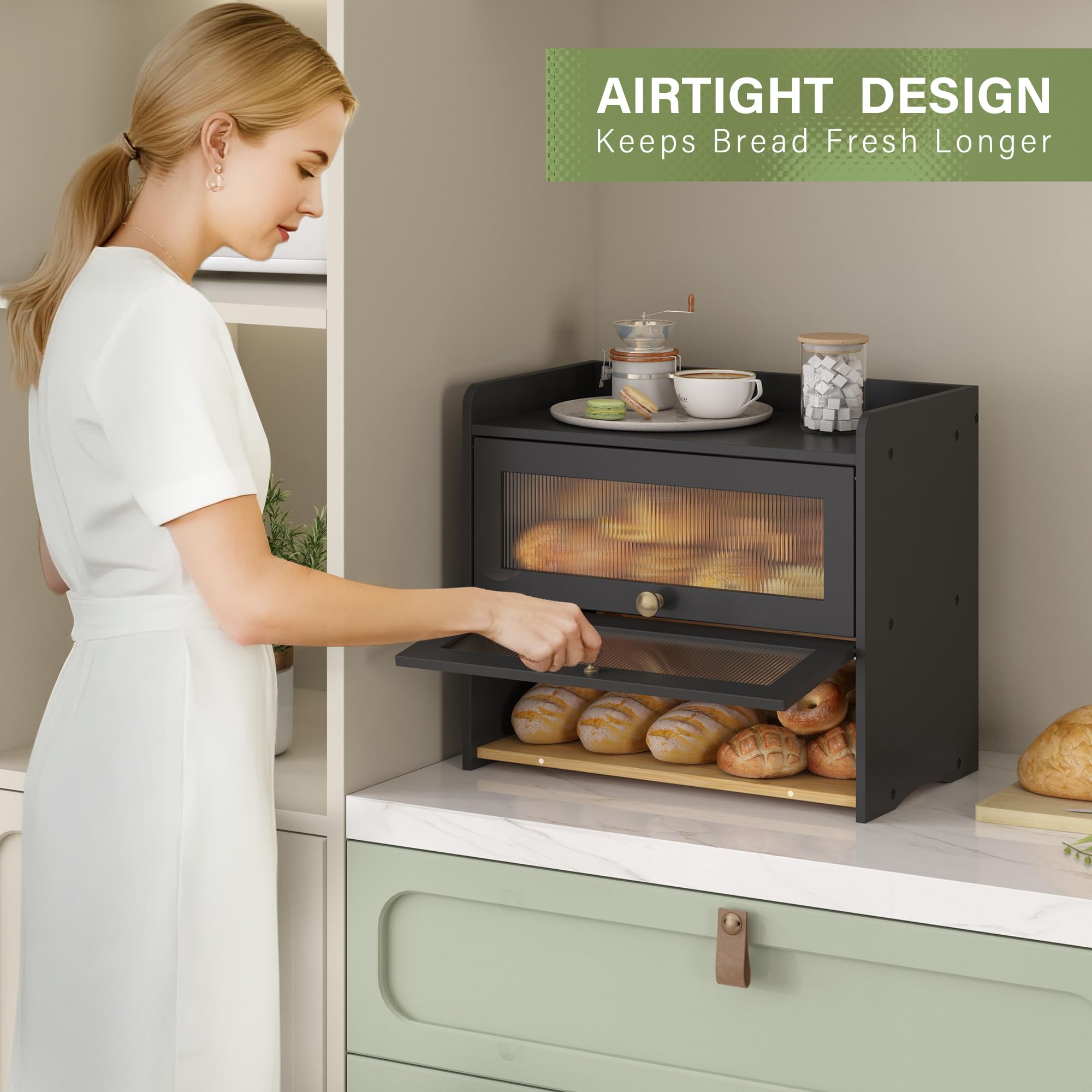 JANSNIMEN bread box top shelf offering extra workspace for slicing