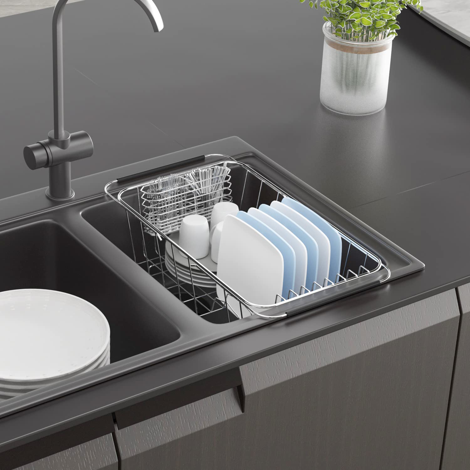 JAQ adjustable dish rack for countertop or sink for flexible setup.