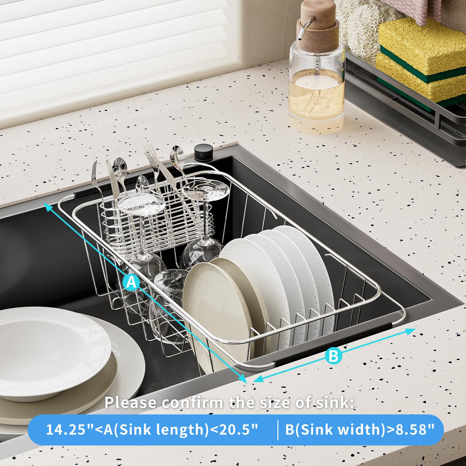 JAQ kitchen organizer helps dry dishes, pots, and pans neatly.