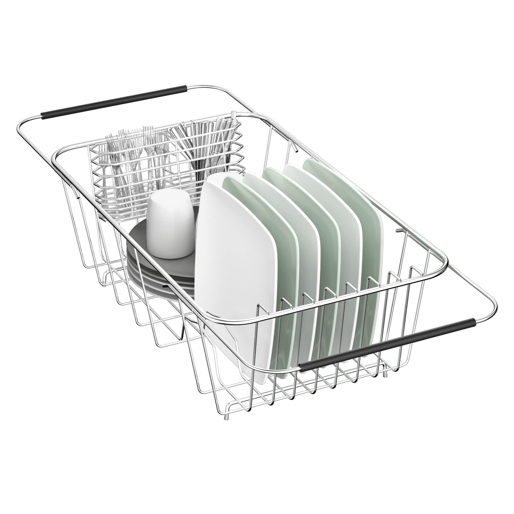 JAQ small dish drying rack over sink keeps dishes upright and air-dried.