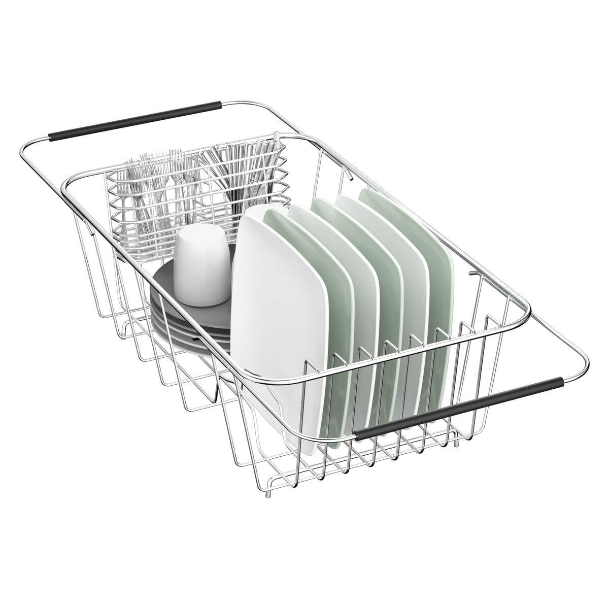 JAQ small dish drying rack over sink keeps dishes upright and air-dried.