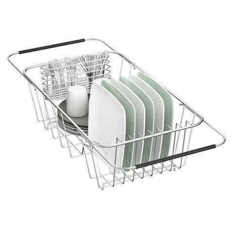 JAQ small dish drying rack over sink keeps dishes upright and air-dried.