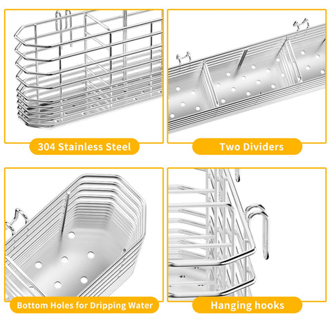 JAQ utensil holder with hooks attaches to dish drainers for quick setup.