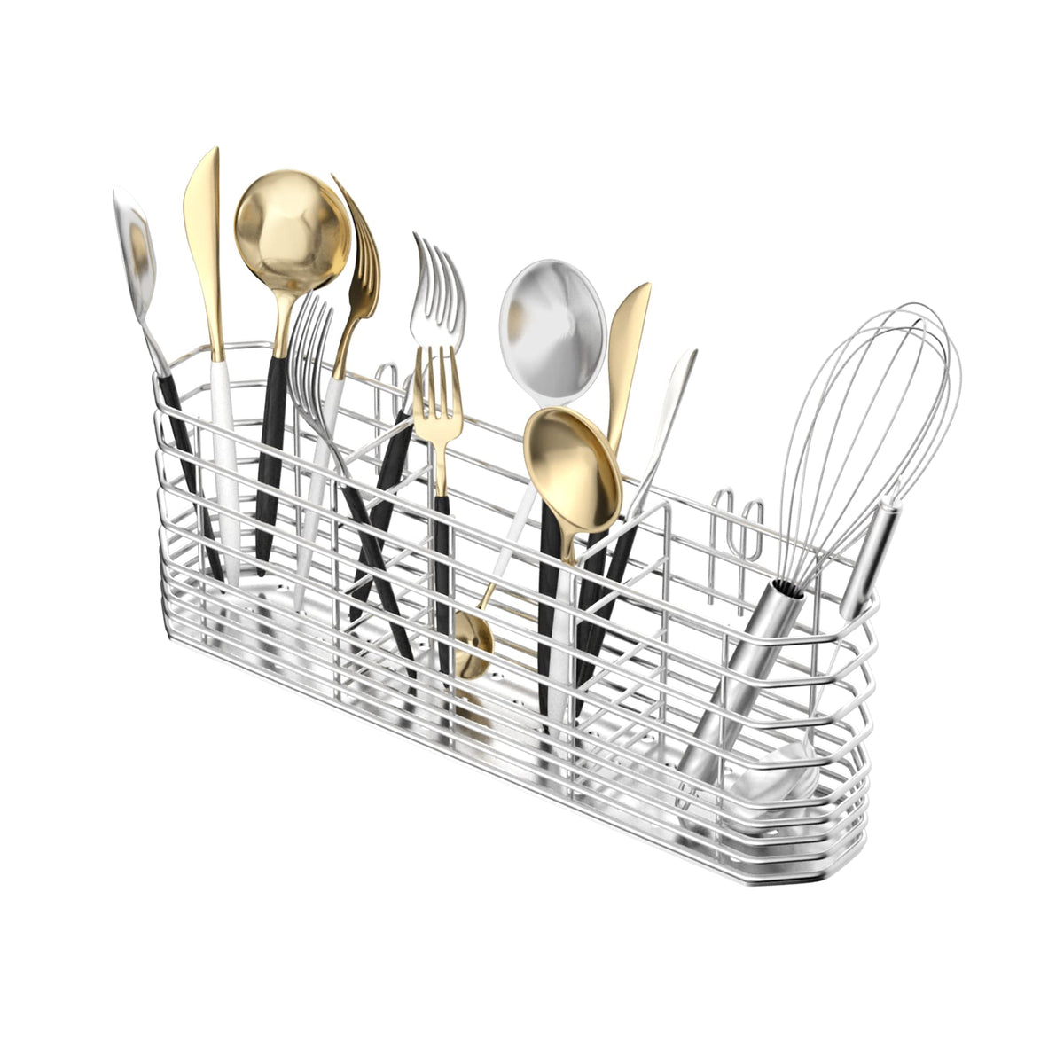 JAQ utensil holder sink drying basket keeps utensils organized after washing.
