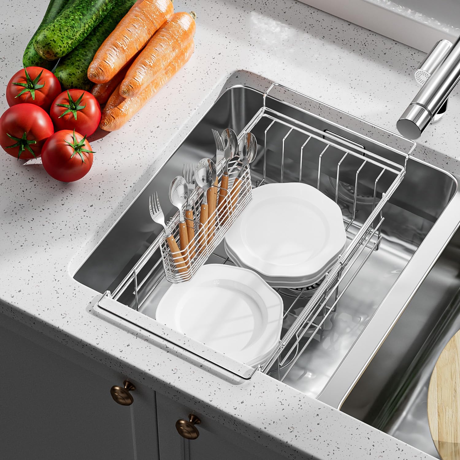 JAQ utensil holder stainless steel finish resists rust for durable use.